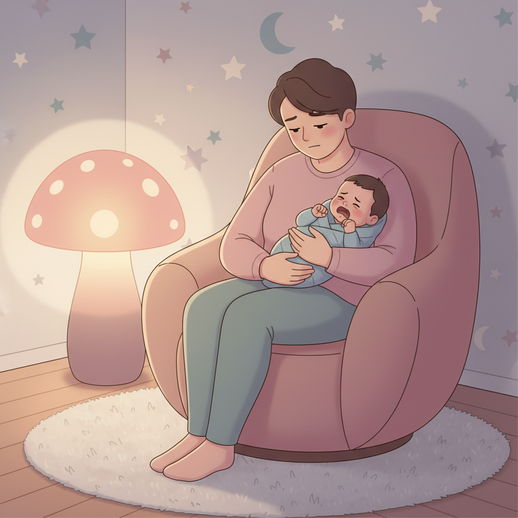 Exhausted parent gently rocking a crying baby in a dimly lit, cozy nursery, attempting to soothe them to sleep without breastfeeding.