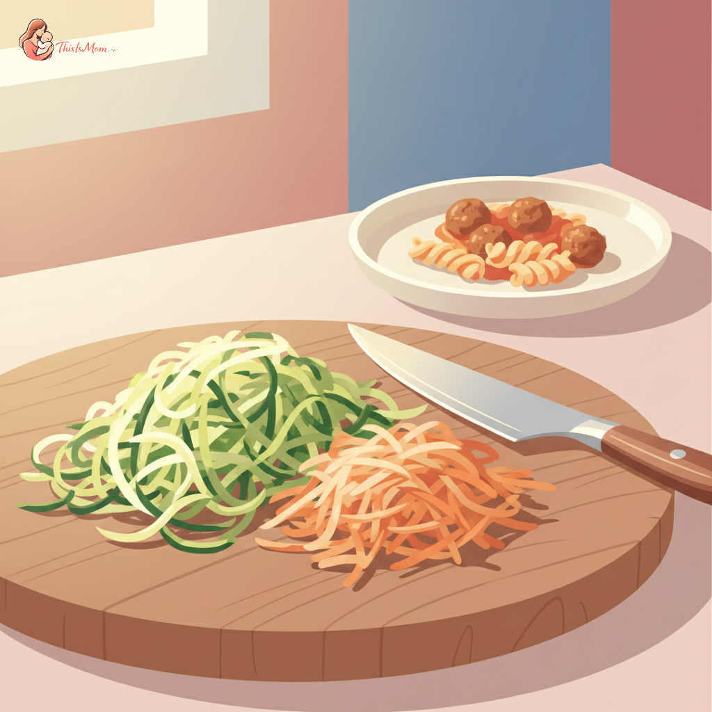 Finely grated zucchini and carrots ready to be mixed into a toddler's meal, next to a small bowl of pasta, illustrating hidden vegetables.