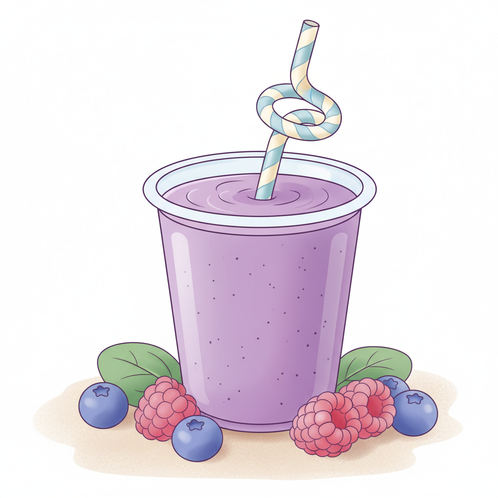 A vibrant purple smoothie with a fun straw in a child-friendly cup, surrounded by fresh berries and a few subtly placed spinach leaves, suggesting hidden veggies.