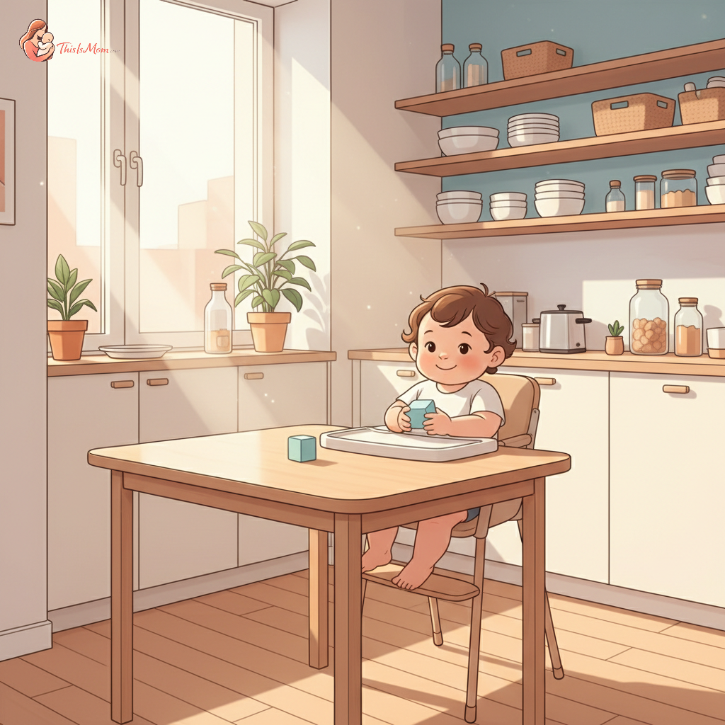 A compact clip-on high chair attached to a small modern dining table in a cozy apartment kitchen, with a baby in the chair looking happy. The kitchen shows limited space but is efficiently organized.