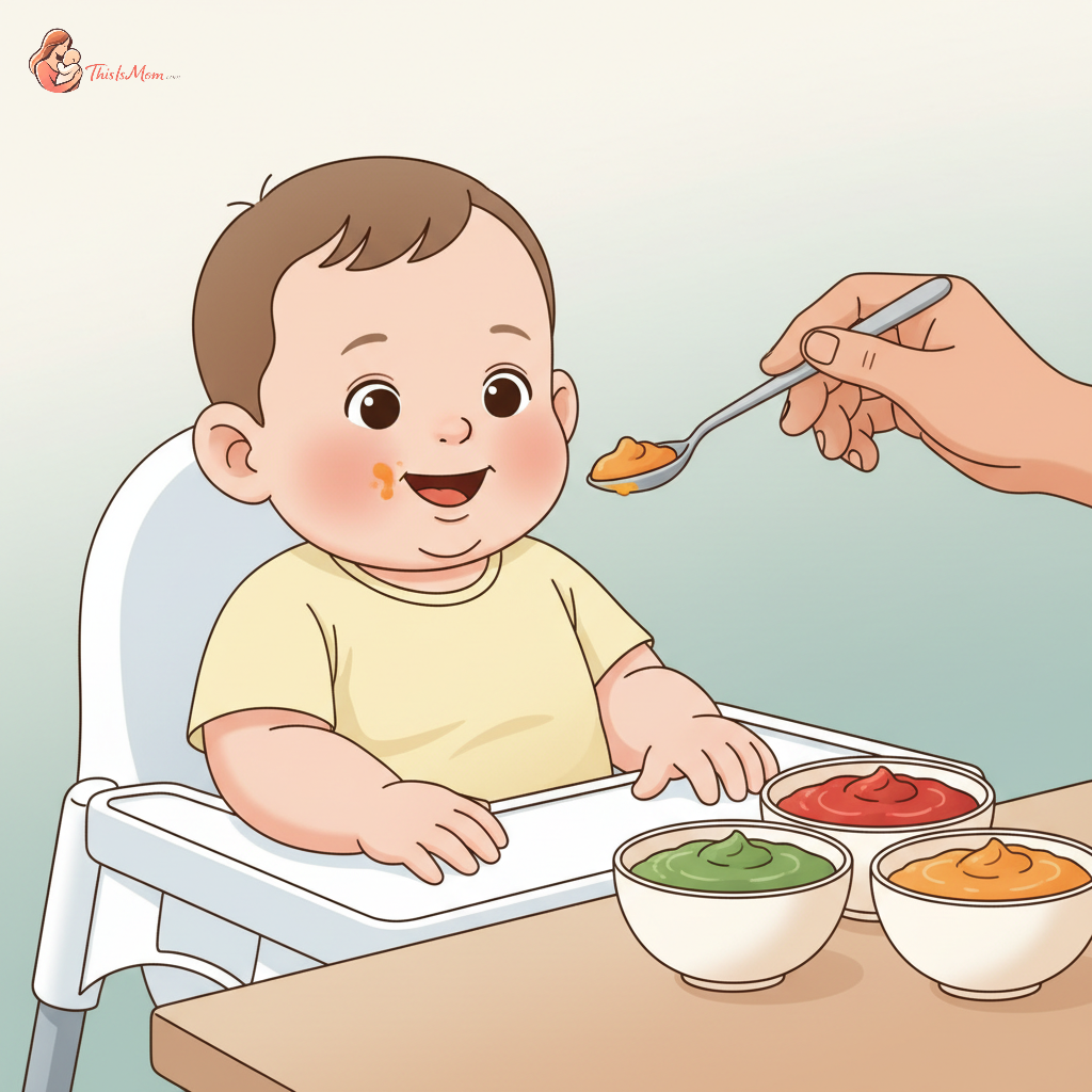 A close-up of a smiling breastfed baby happily eating iron-rich pureed food from a small spoon, with colourful vegetables in the background