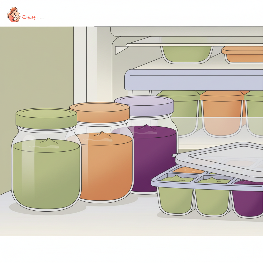 Close-up of colorful homemade baby food purees in glass jars and ice cube trays, neatly labeled and stacked in a freezer. Focus on organization and freshness.