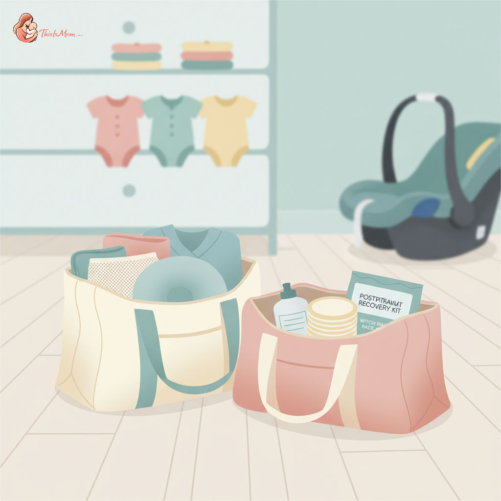 Two distinct hospital bags, one labeled 'C-Section' with high-waisted underwear and a support band peeking out, the other labeled 'Vaginal Birth' with perineal care items and soft pads visible, both surrounded by baby essentials like a swaddle and small outfit. Neutral, soft lighting.