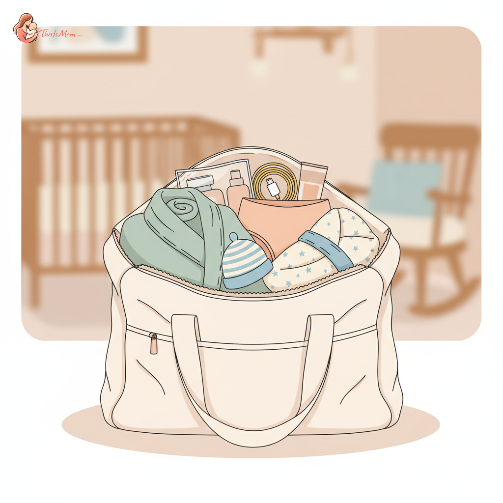 Neatly packed hospital bag open, with carefully folded comfortable clothes, baby items, and personal toiletries visible, indicating preparation for both vaginal and c-section delivery.