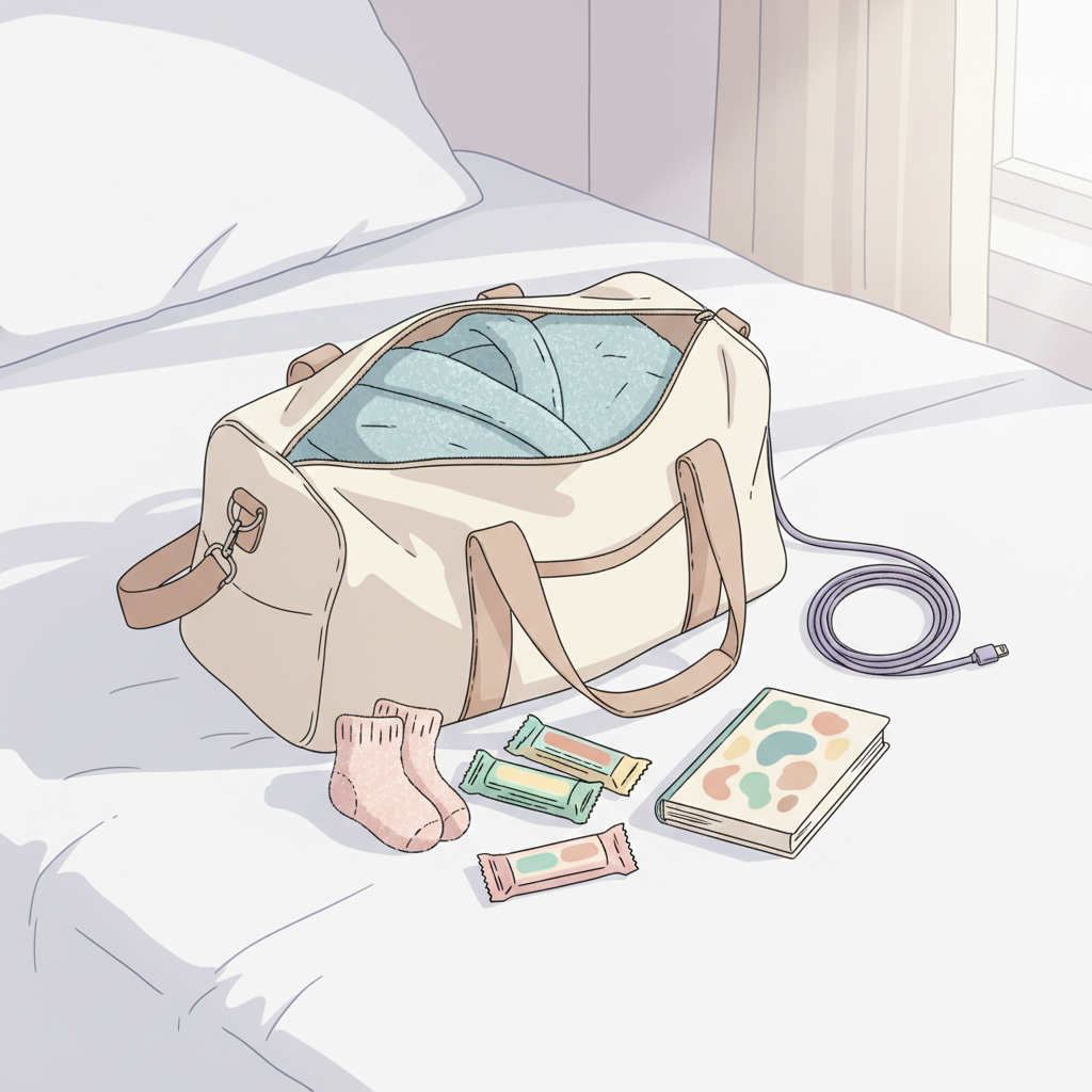 A neatly packed open hospital bag on a bed, overflowing with comfort items like a soft robe, warm socks, snacks, and a long phone charger, emphasizing preparedness for induced labor.