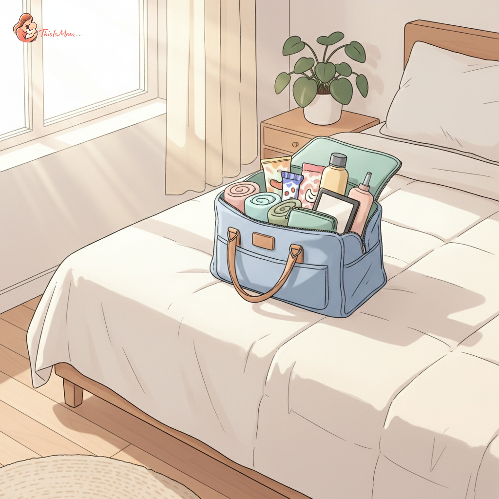 Carefully packed open hospital bag on a bed with comfortable clothes, snacks, and personal items visible, suggesting preparation for a planned induction.