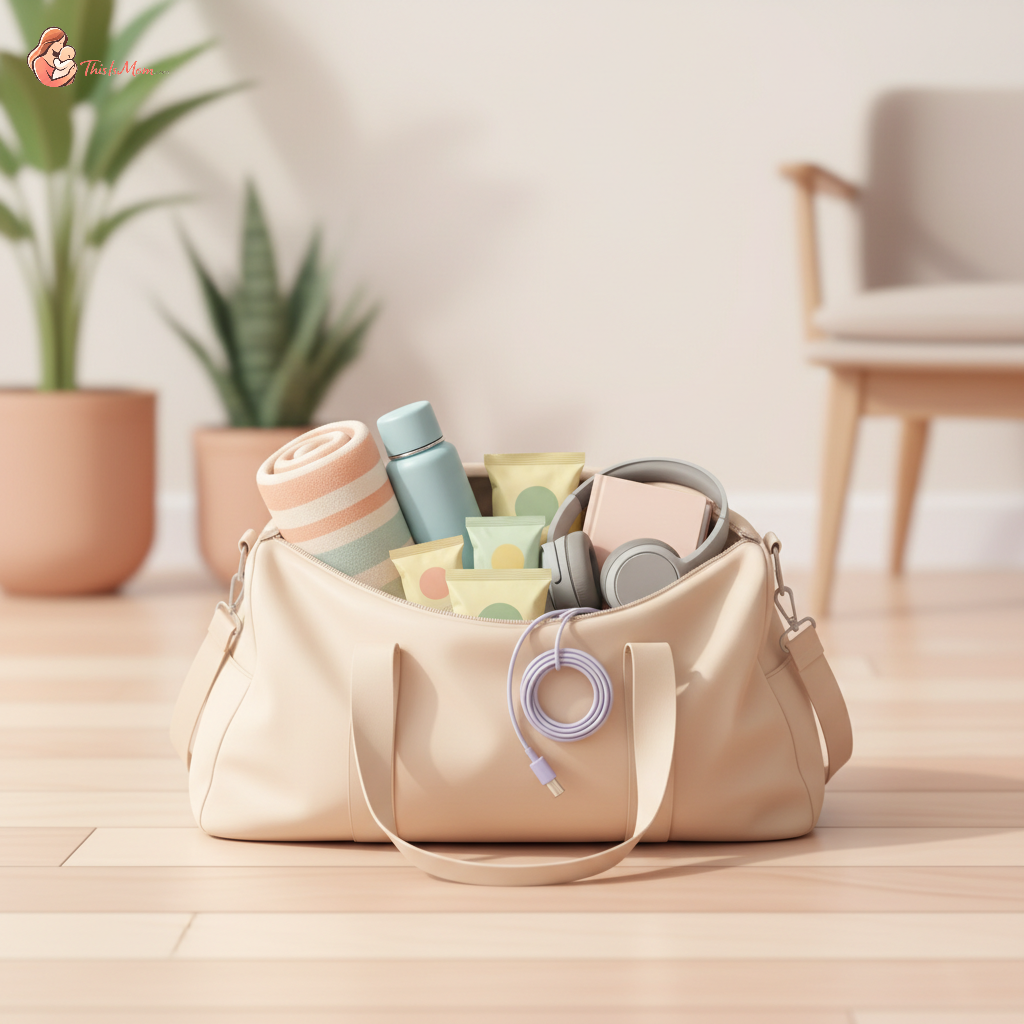 A neatly packed open duffel bag on a wooden floor, showcasing various comfort items, snacks, chargers, and toiletries, ready for a hospital stay.