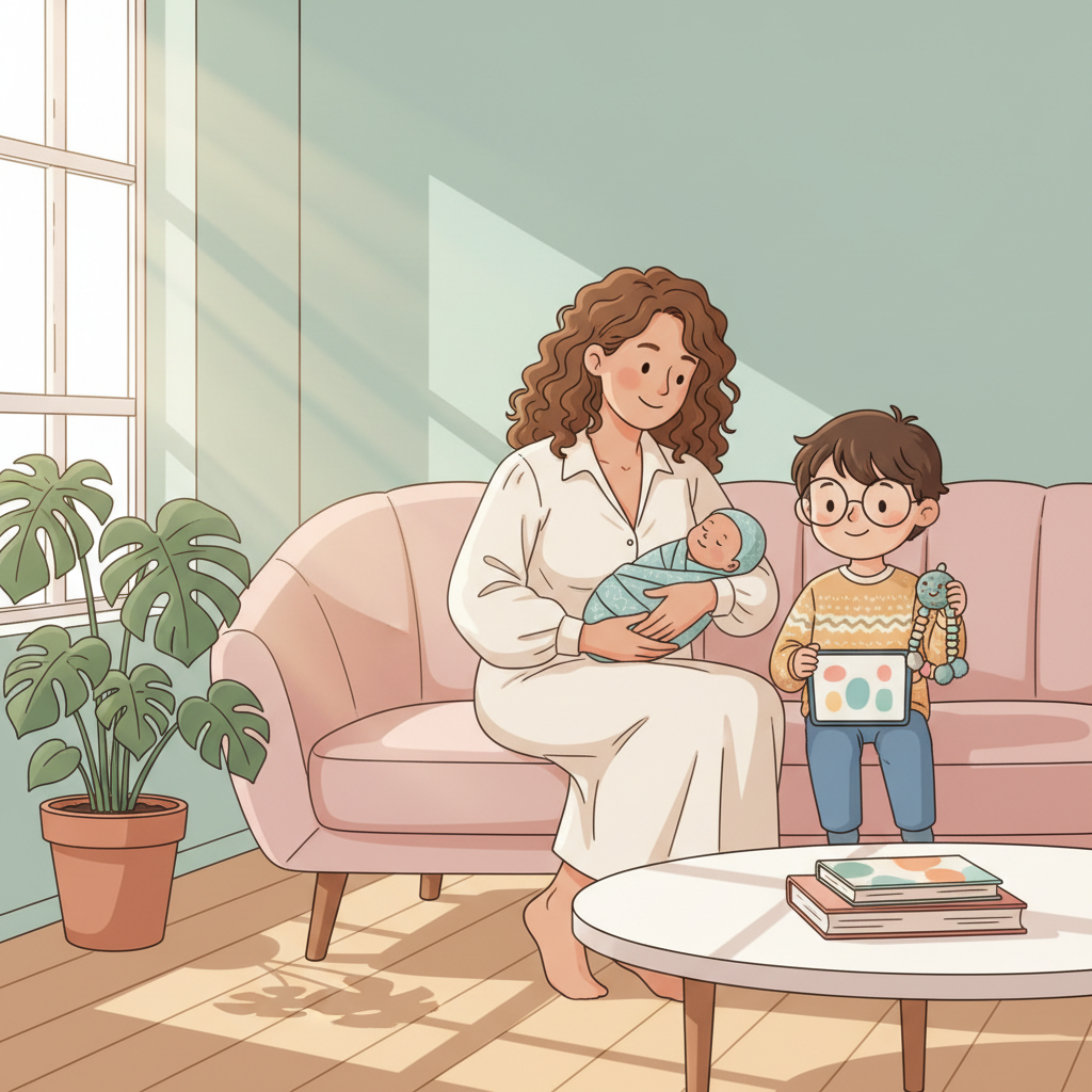 A mother gently holding a newborn baby while sitting on a sofa, her older child with special needs sits nearby, engaged with a sensory toy in a calm living room.