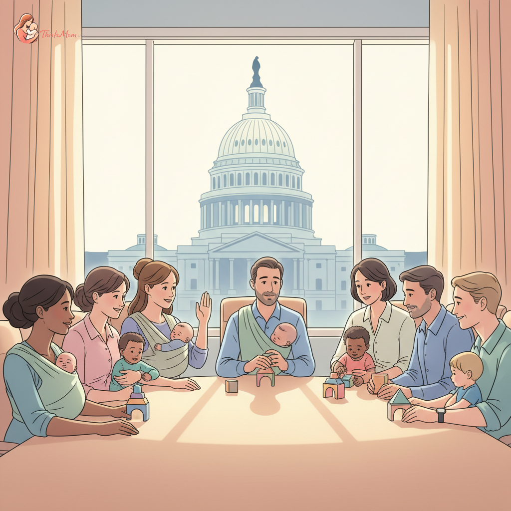 A diverse group of parents, some holding babies, engaged in a discussion about workplace policies, with a Capitol Building outline subtly in the background.
