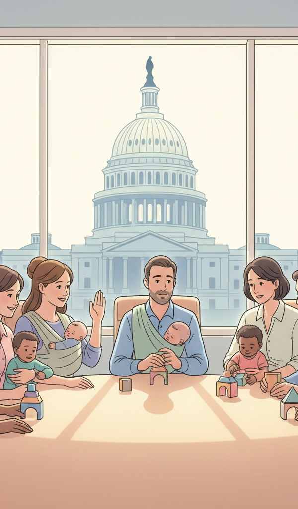 A diverse group of parents, some holding babies, engaged in a discussion about workplace policies, with a Capitol Building outline subtly in the background.