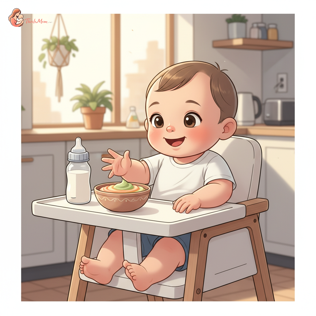 A happy 6-month-old baby in a high chair, smiling while reaching for a small bowl of pureed food, with a bottle of breast milk visible on the tray, suggesting a balance of milk and solids.