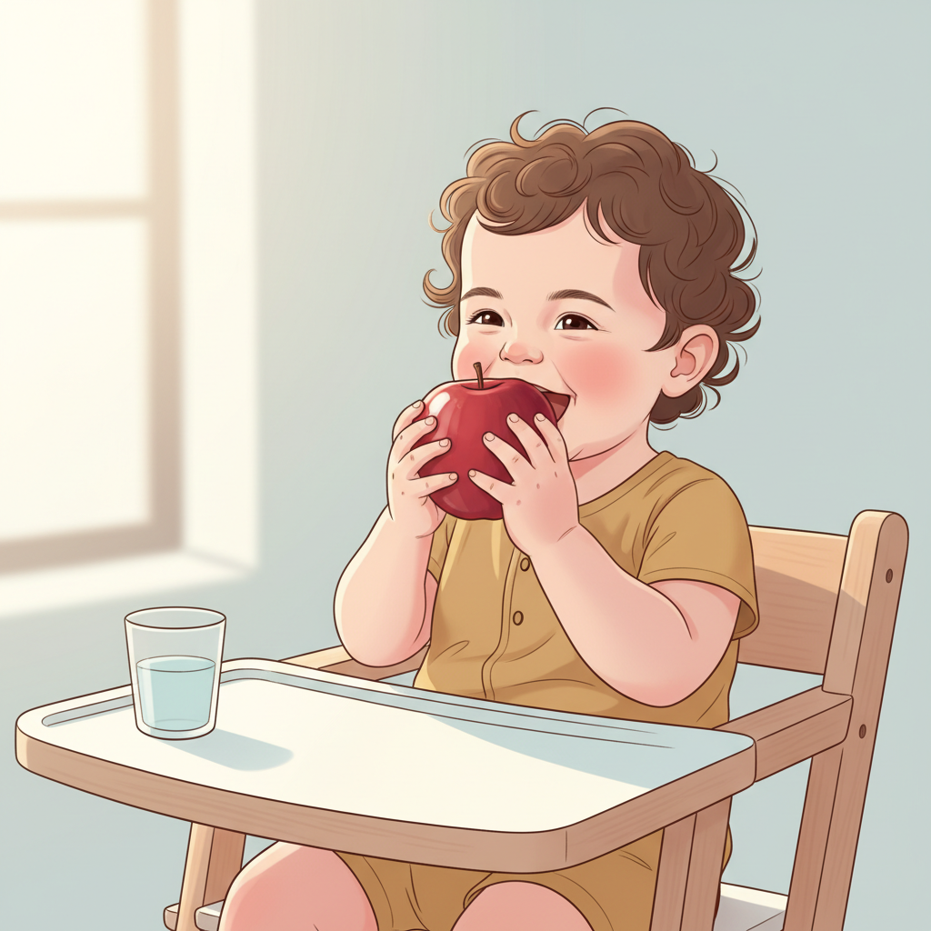 A toddler happily eating a fresh apple slice, sitting in a high chair with a small glass of water beside them, reflecting healthy food choices.