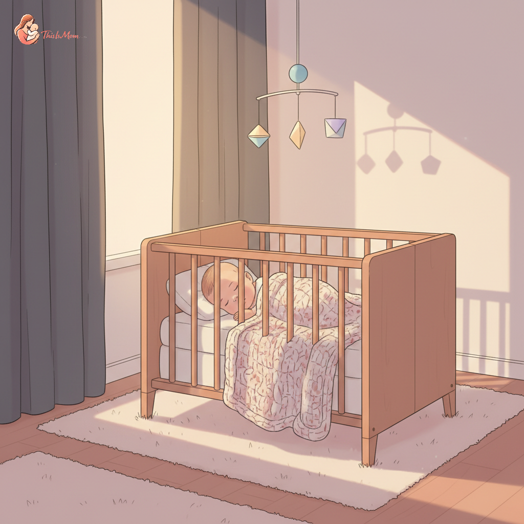 A peaceful baby sleeping soundly in a crib with soft light coming through blackout curtains, symbolizing a smooth transition during daylight saving time.