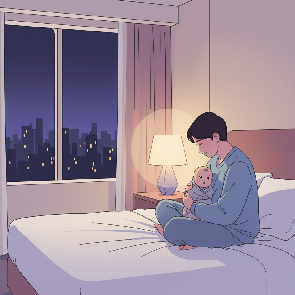 A tired parent holding a baby in a dimly lit hotel room at night.