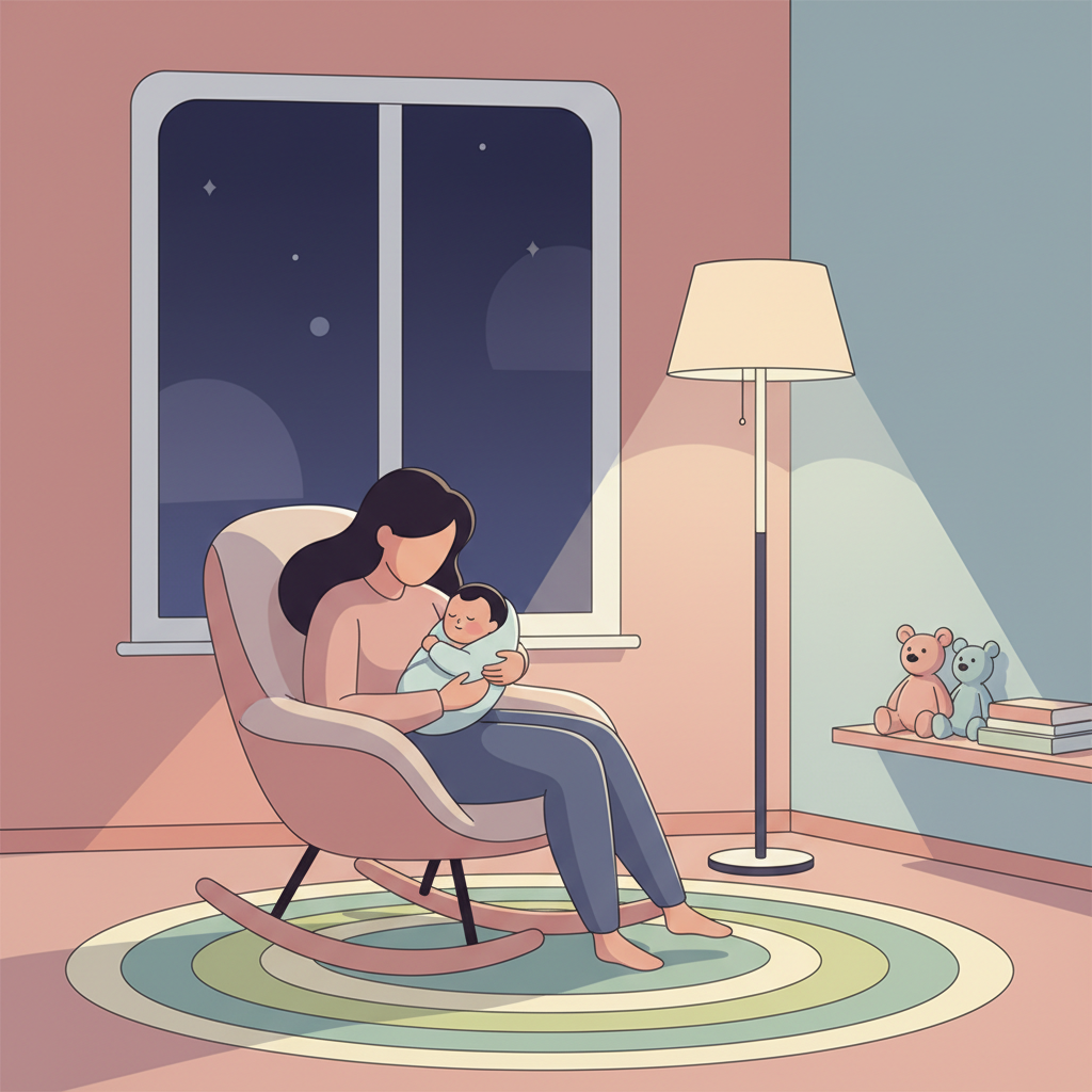 Parent gently rocking a baby in a dimly lit nursery