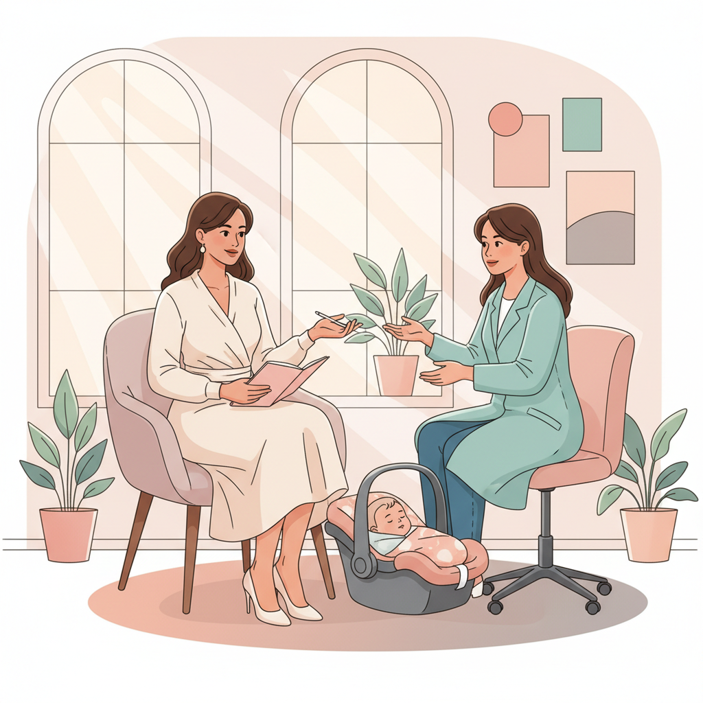 A confident new mother, dressed in comfortable but stylish clothes, sits in a bright, modern OB-GYN office, holding a notebook and pen, making eye contact with her doctor. Her baby is asleep in a carrier beside her.