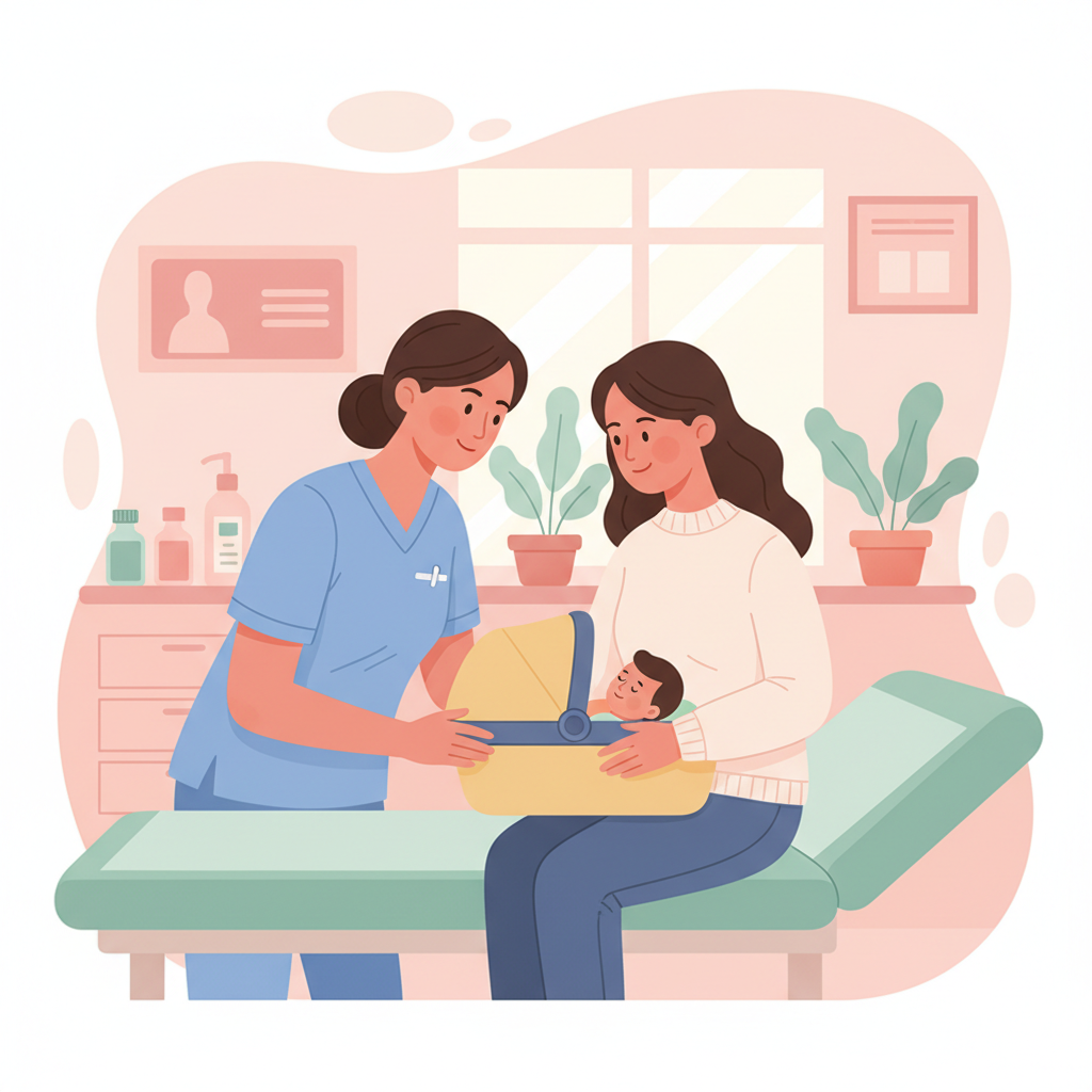 A gentle scene showing a doctor and a new mother having a private conversation during a postpartum checkup.