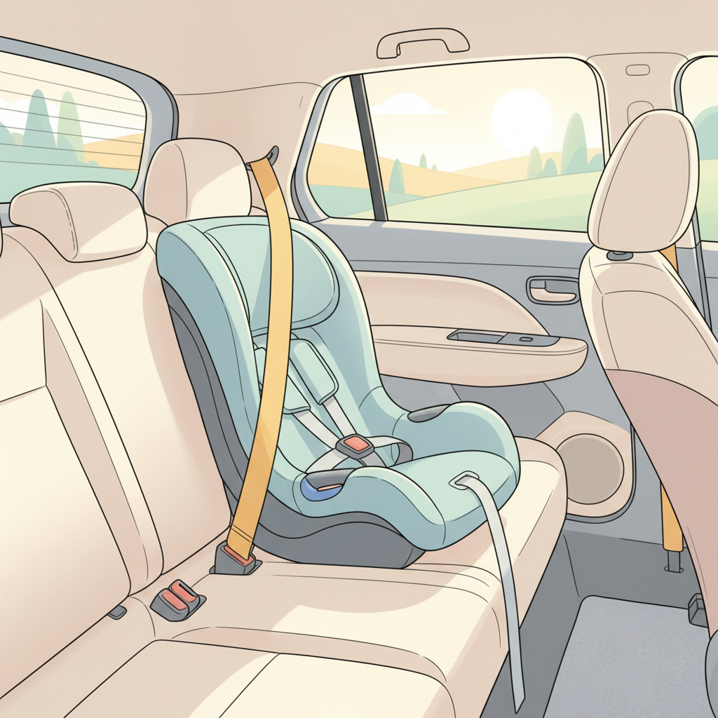A clean, modern compact car interior featuring an infant car seat clicked securely into the back seat without a base.