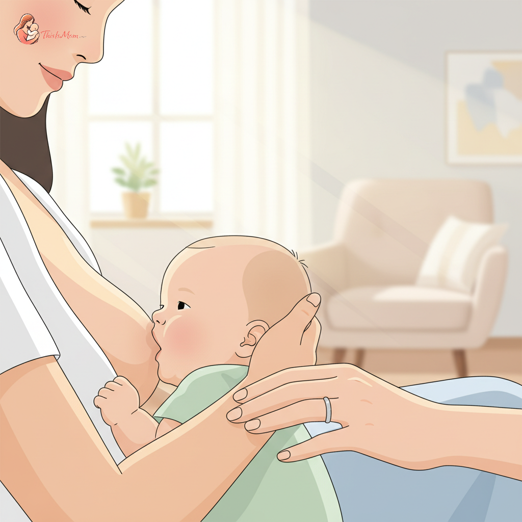 A calm, supportive lactation consultant, gently guiding a new mother as she breastfeeds her baby, with soft, comforting light.