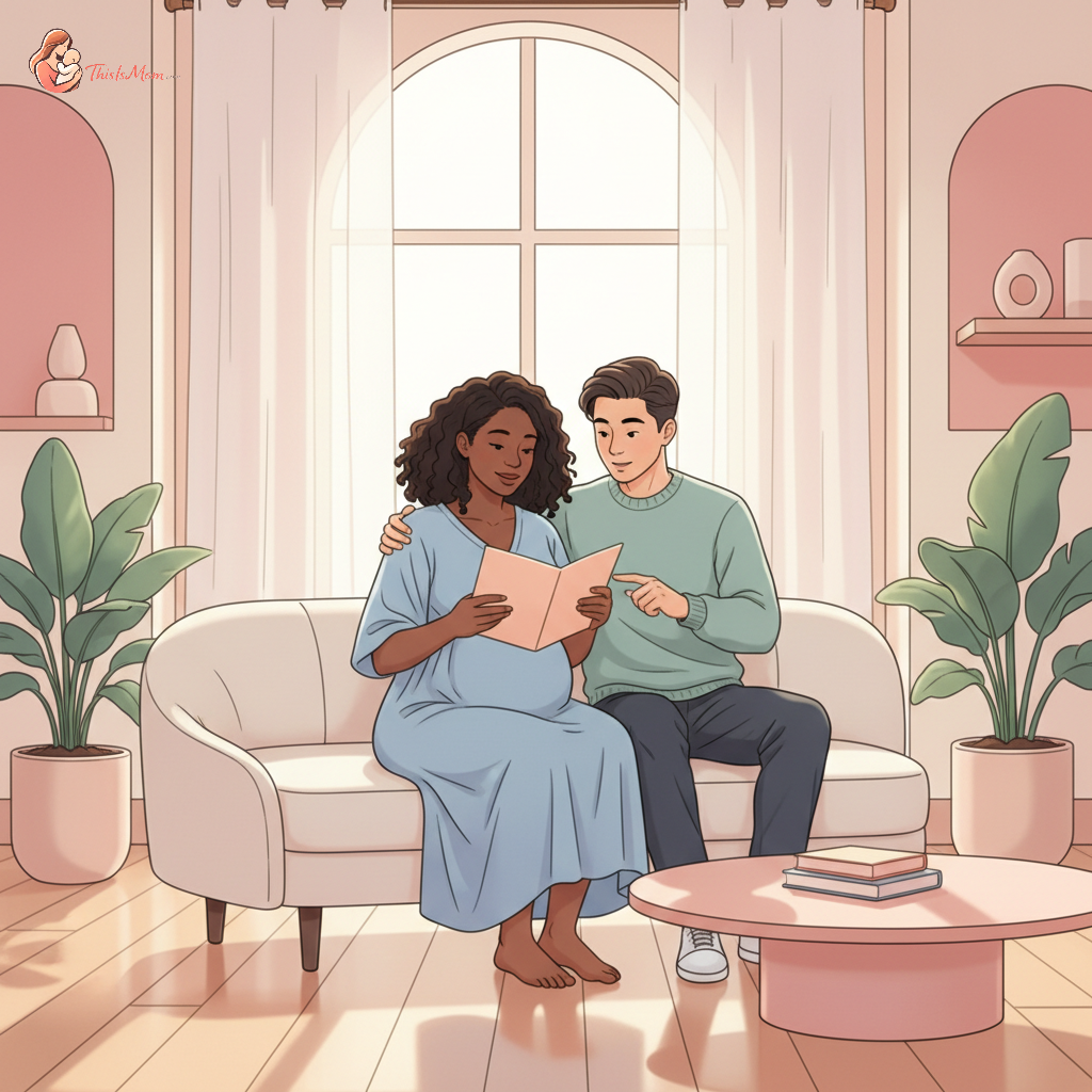 A diverse family, including a pregnant woman and her partner, sitting in a modern, welcoming pediatrician's waiting room, smiling and looking at brochures.