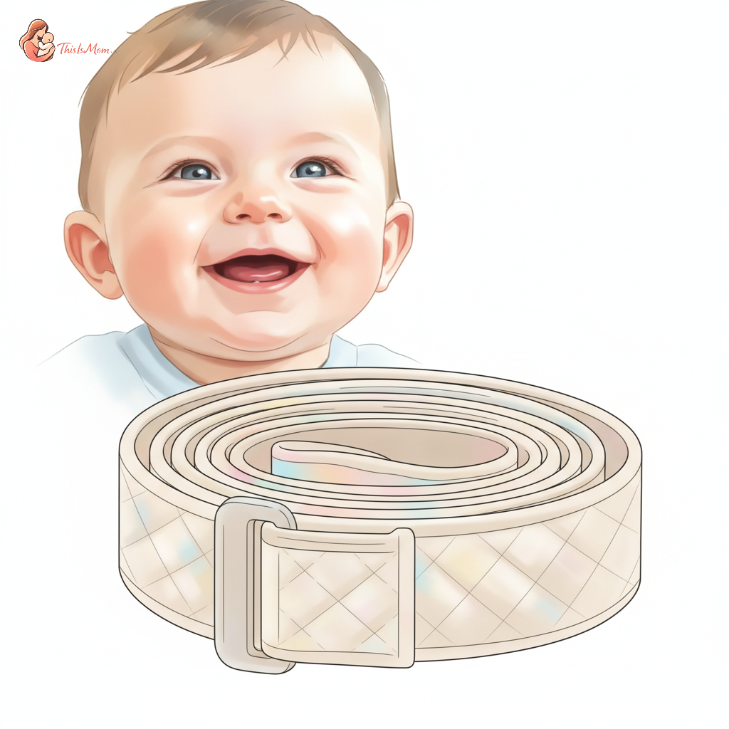 Close-up of a clean, white high chair strap with a blur of a happy baby in the background.