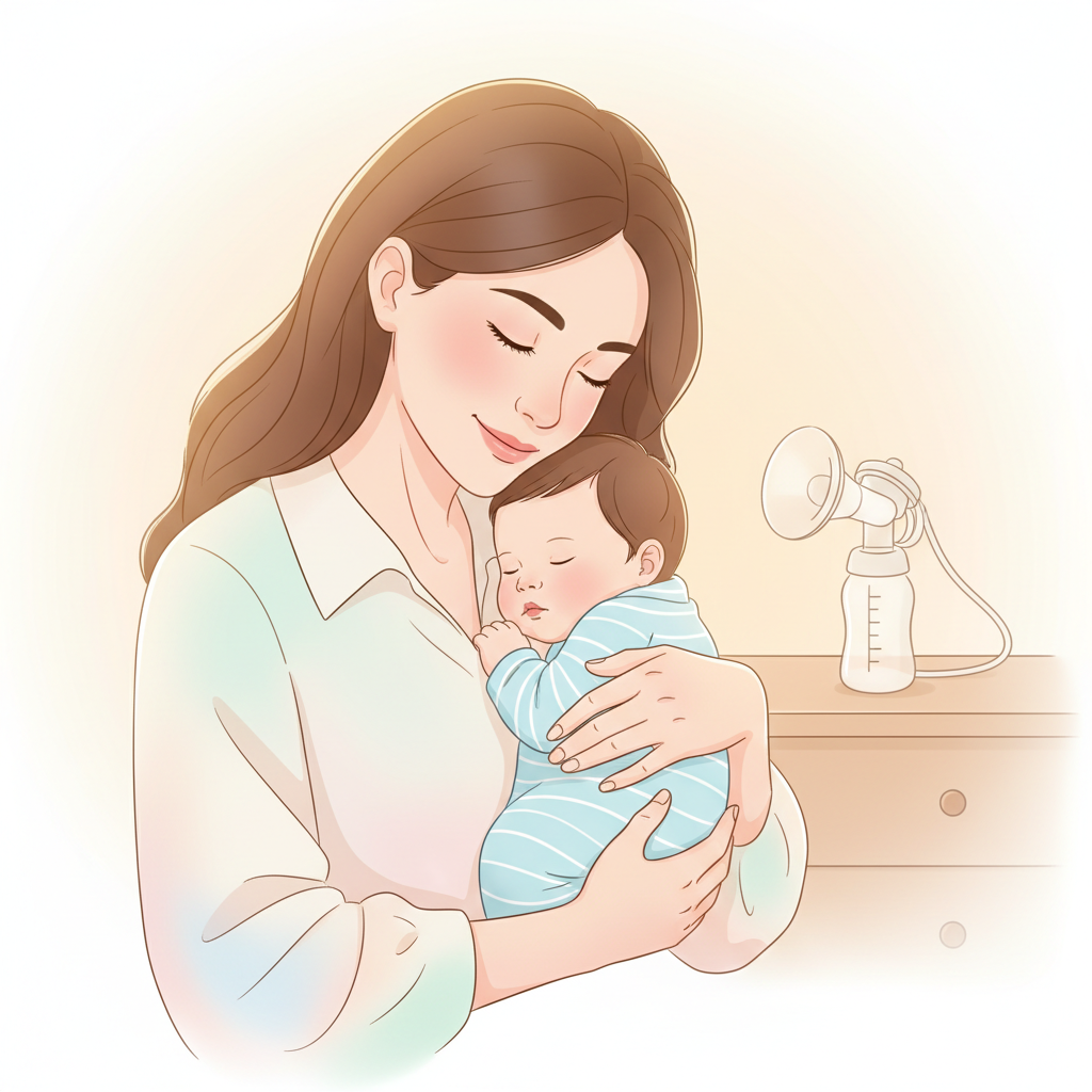 A calm mother gently holding her happy baby with both a breast and a baby bottle visible on a nearby surface, symbolizing combination feeding. The scene is warm and comforting.