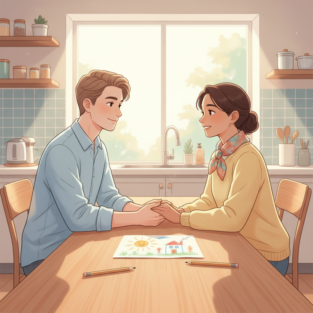 A parent and nanny calmly discussing parenting strategies at a kitchen table, with a child's drawing visible.