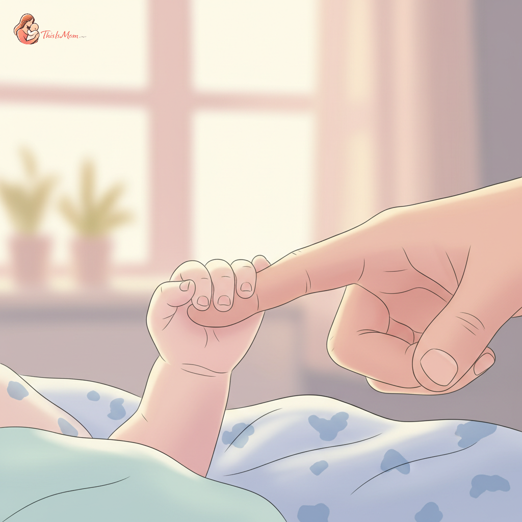 A close-up of a newborn baby's tiny hand grasping a parent's finger in a hospital room, softly lit, symbolizing protection and bonding.