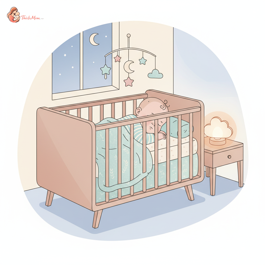 A peaceful 9-month-old baby sleeping soundly in a cozy crib at night, with soft, warm light emanating from a distant nightlight. The crib mobile is gently swaying.