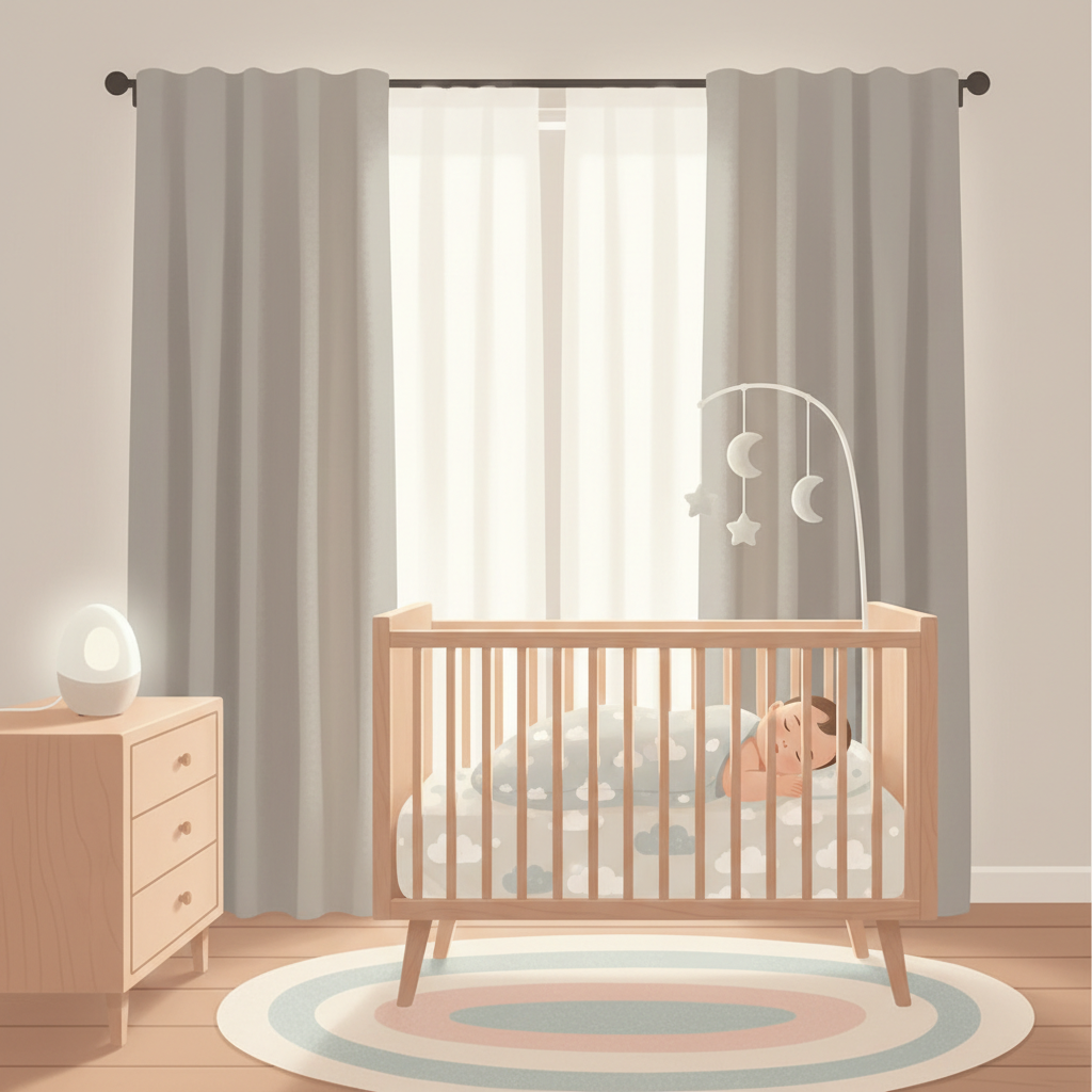 A peaceful baby sleeping soundly in a shaded crib during a daytime nap, with soft, diffused light and a white noise machine in the background.