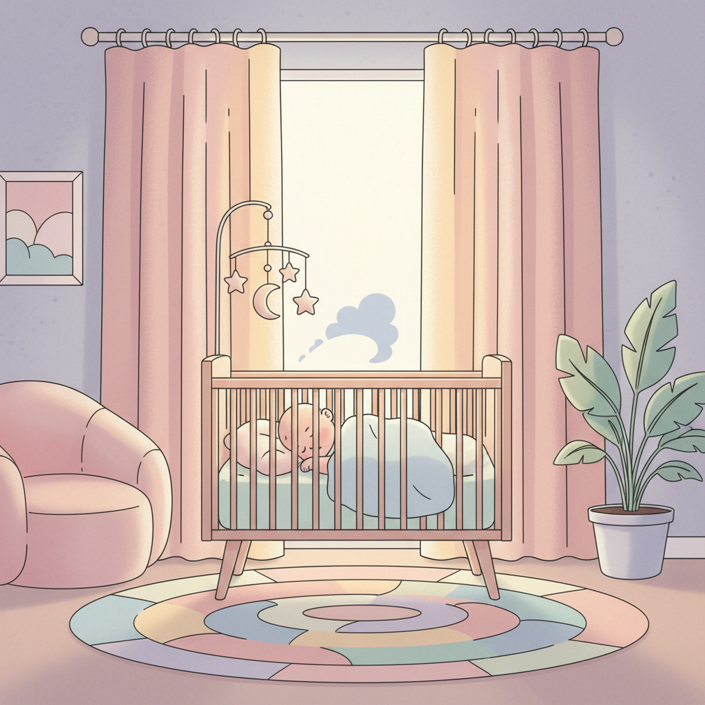 A peaceful nursery dimly lit with soft morning light filtering through blackout curtains, showing a crib with a sleeping baby.