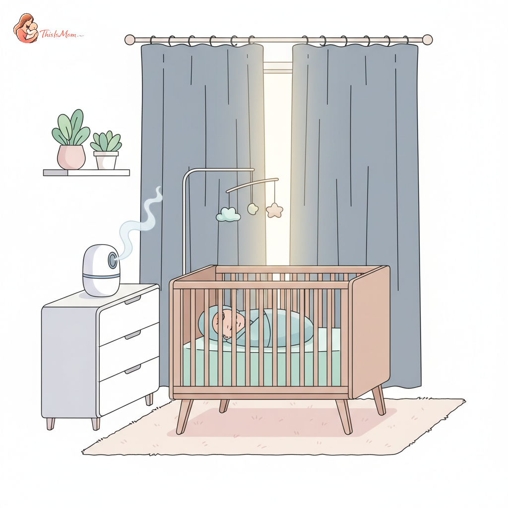 A baby peacefully sleeping in a darkened nursery with blackout curtains, sunlight gently peeking from the side, a soft white noise machine on a dresser