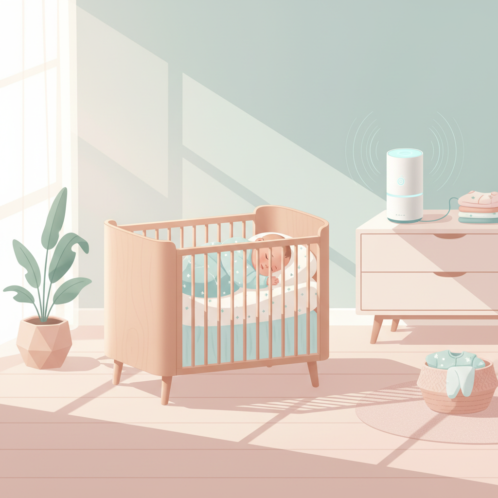 A cute baby peacefully sleeping in a dimly lit crib with a white noise machine nearby.