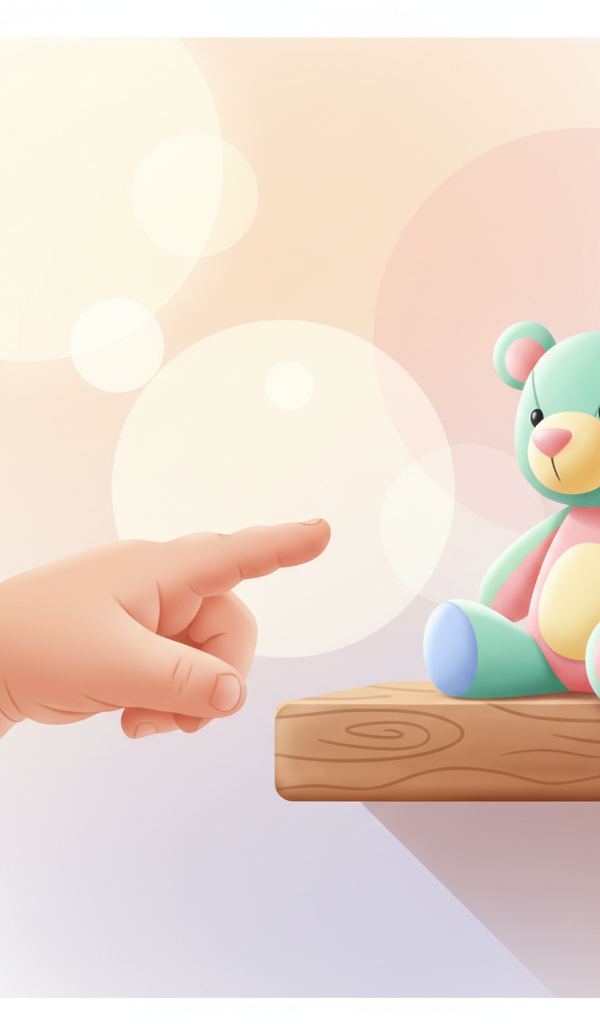 A toddler's outstretched finger pointing towards a colorful toy on a low shelf, with a parent's hand gently guiding or acknowledging the gesture in the background.