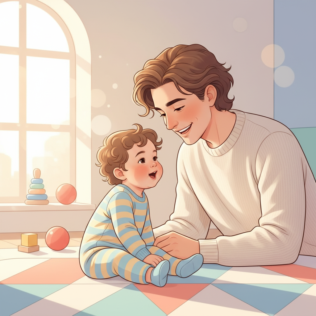 A happy 15-month-old toddler sitting on a colorful rug, looking up with wide eyes and open mouth as if babbling, while a parent gently smiles and engages with them, surrounded by soft toys.