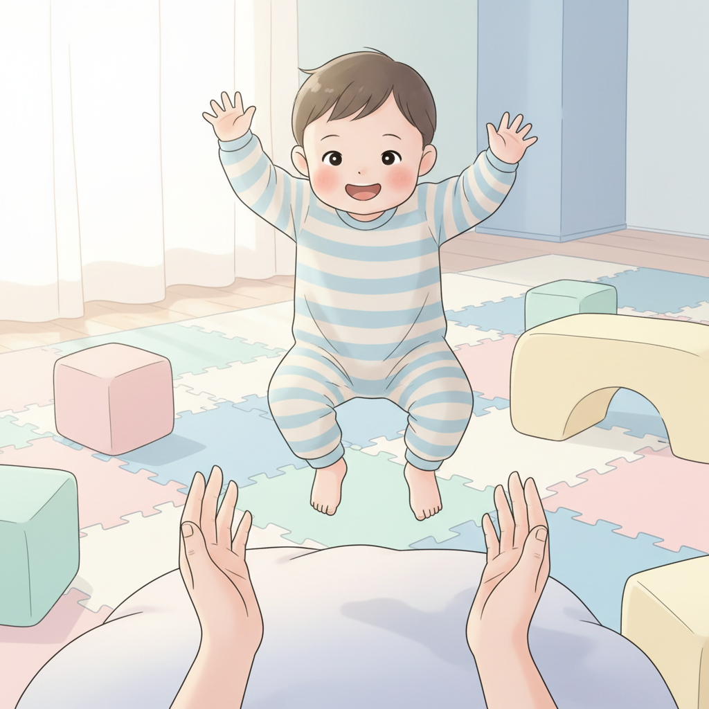 A joyful toddler mid-air, having just jumped with both feet, with a parent's encouraging hands nearby, in a bright, playful room.