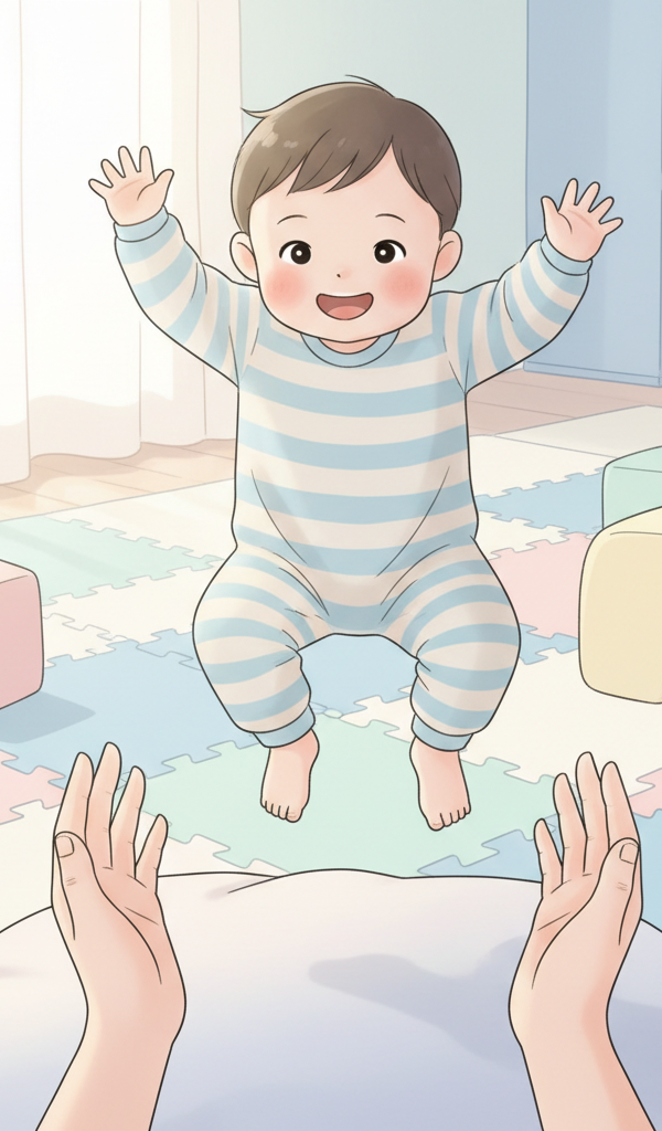 A joyful toddler mid-air, having just jumped with both feet, with a parent's encouraging hands nearby, in a bright, playful room.