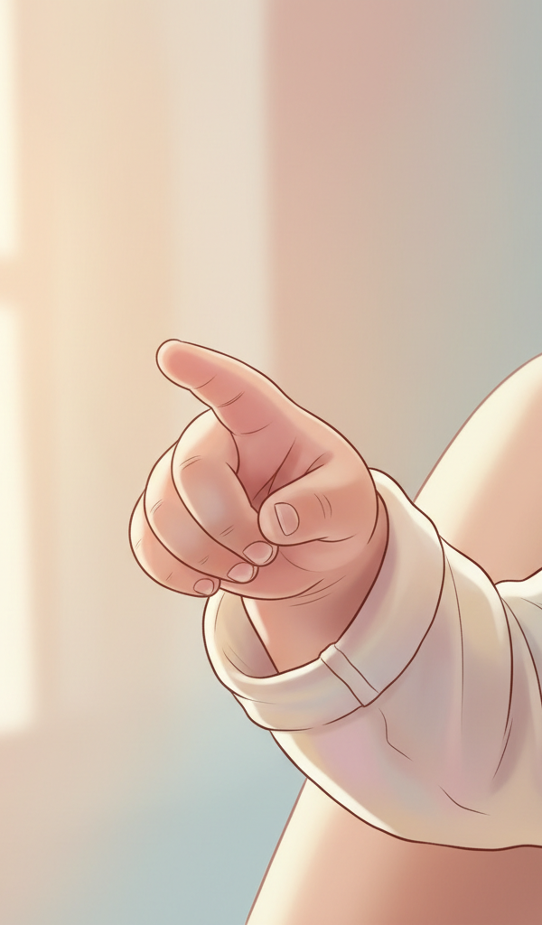 Close-up of a toddler's small finger pointing towards something, with a parent's blurred hand gently guiding or watching in the background, conveying curiosity and communication.