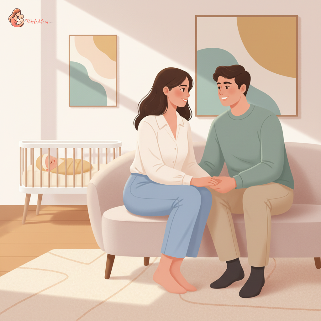 A new mother gently talking to her male partner while holding hands, in a softly lit nursery with a sleeping baby in a bassinet nearby, conveying understanding and support.
