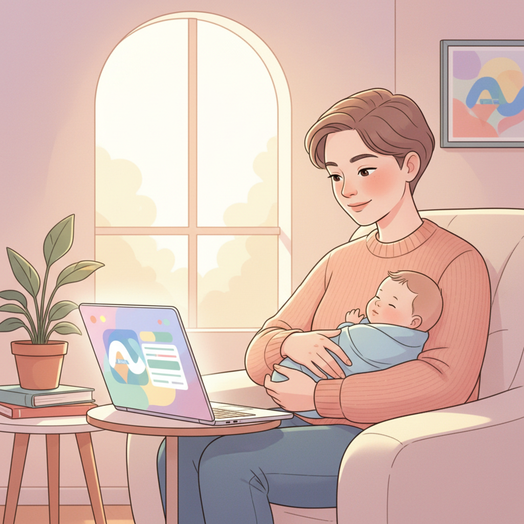 A new parent holding a baby, with an open laptop showing the Aetna website in the background, a look of relief and determination on their face as they navigate insurance information.