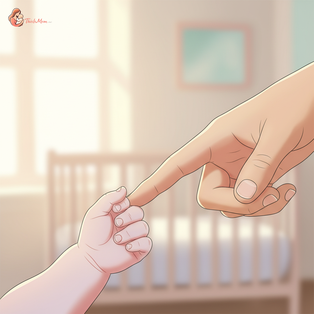 A close-up of a baby's hand gently grasping an adult's finger, symbolizing care and guidance during feeding challenges.