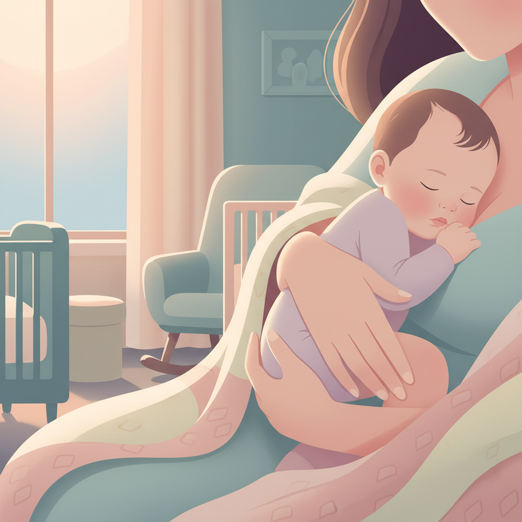 A mother gently holding her sleeping 10-month-old baby in a dimly lit nursery at dawn.