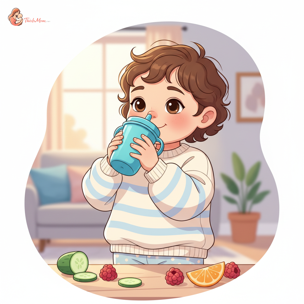 A toddler happily holding a colorful sippy cup filled with water, surrounded by fresh fruit slices like strawberries and oranges, with a parent smiling gently in the background.