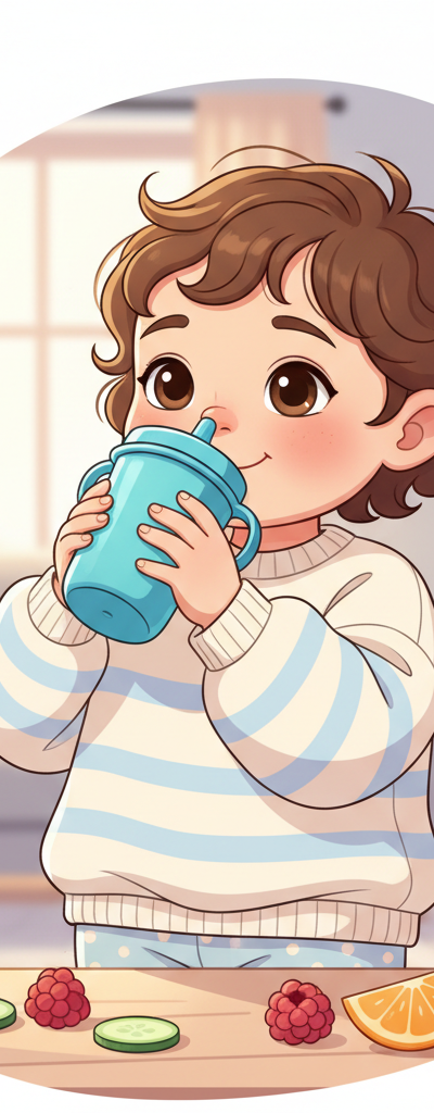 A toddler happily holding a colorful sippy cup filled with water, surrounded by fresh fruit slices like strawberries and oranges, with a parent smiling gently in the background.