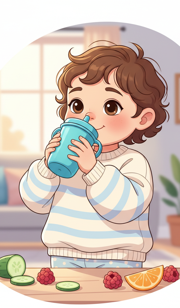 A toddler happily holding a colorful sippy cup filled with water, surrounded by fresh fruit slices like strawberries and oranges, with a parent smiling gently in the background.