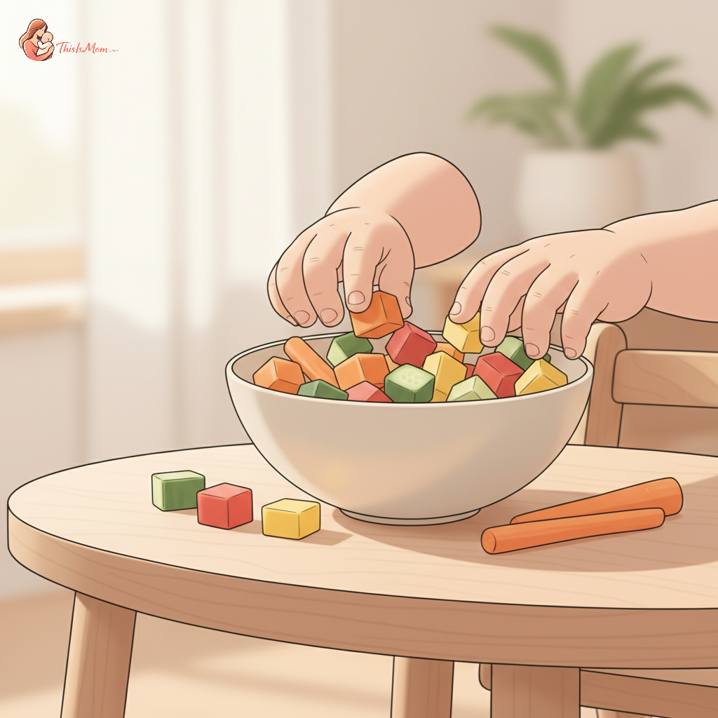 A toddler happily helping an adult wash colorful vegetables in a kitchen sink, with a variety of fresh produce spread on the counter.