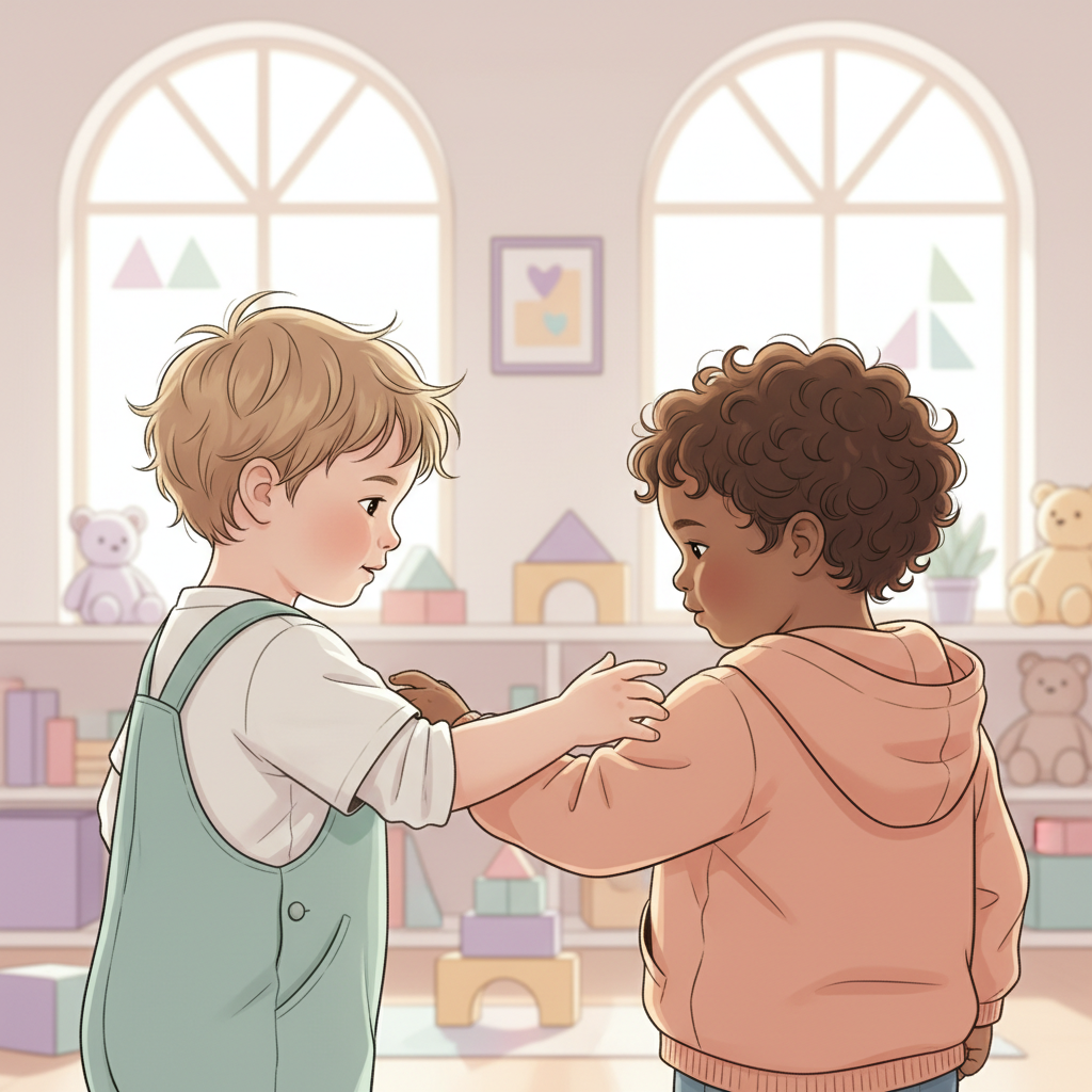 Close-up of a toddler's hand gently touching another toddler's arm, conveying understanding and care.