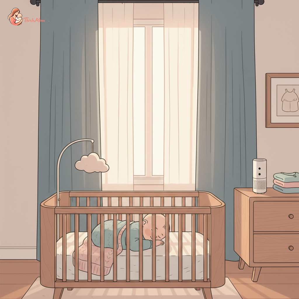 A peaceful baby sleeping in a crib with blackout curtains, soft ambient light, and a white noise machine in the corner, representing sound sleep solutions.
