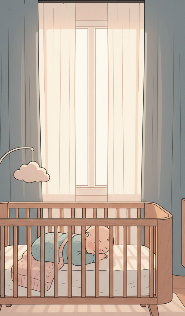A peaceful baby sleeping in a crib with blackout curtains, soft ambient light, and a white noise machine in the corner, representing sound sleep solutions.