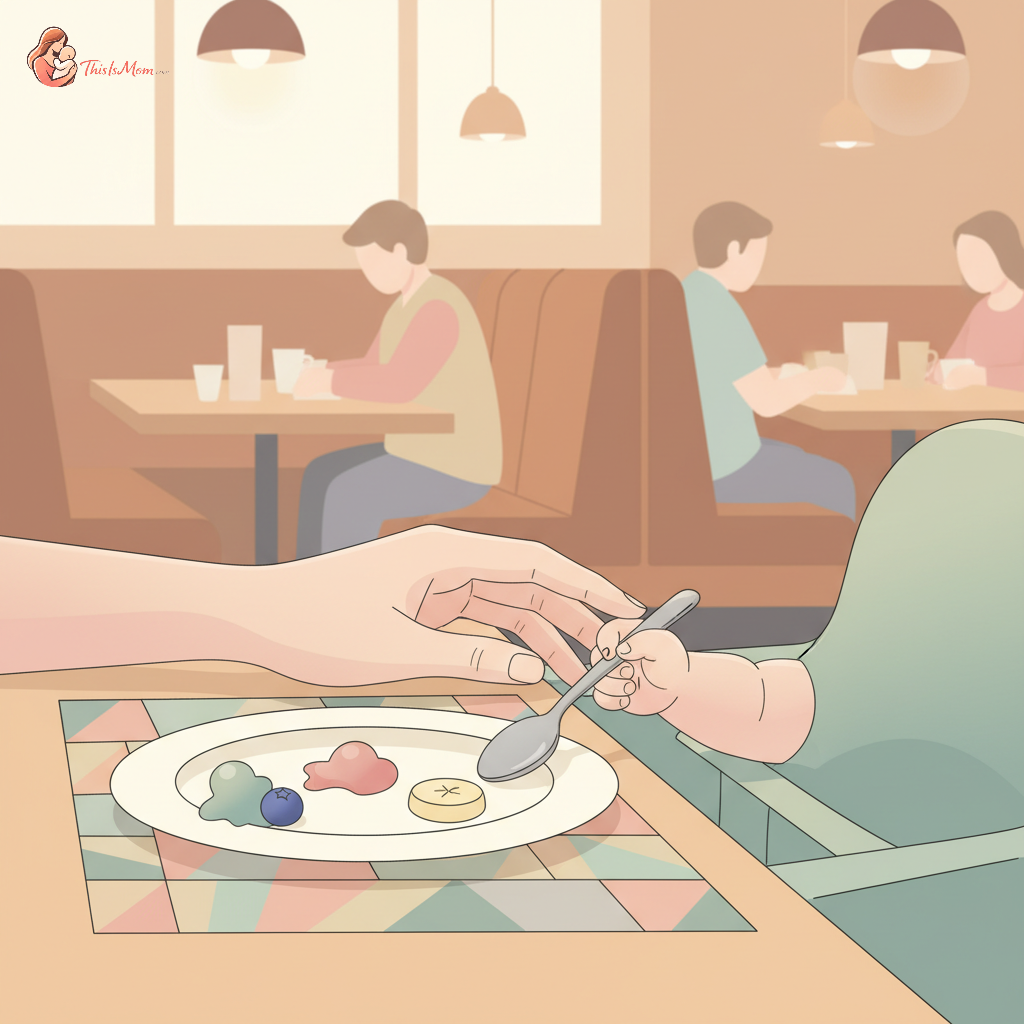 A calm parent-figure gently redirecting a toddler's hand away from a plate of food at a restaurant table, with the food still contained. The setting is a casual, family-friendly restaurant during off-peak hours.